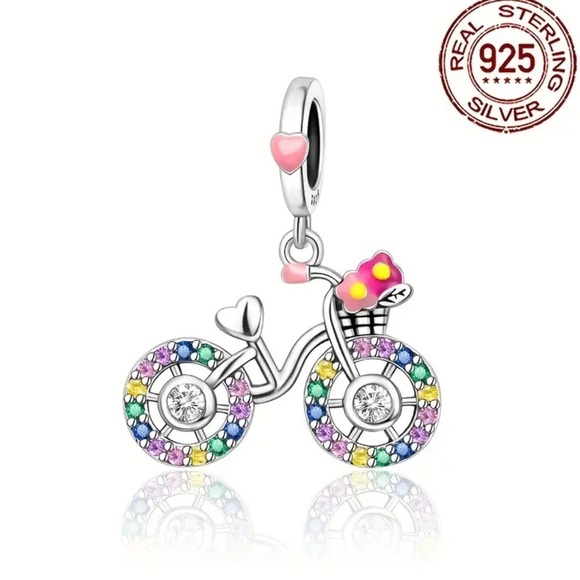 925 Sterling Silver & Colorful Cubic Zirconia Bicycle Charm/Pendant - NWT - Picture 7 of 7